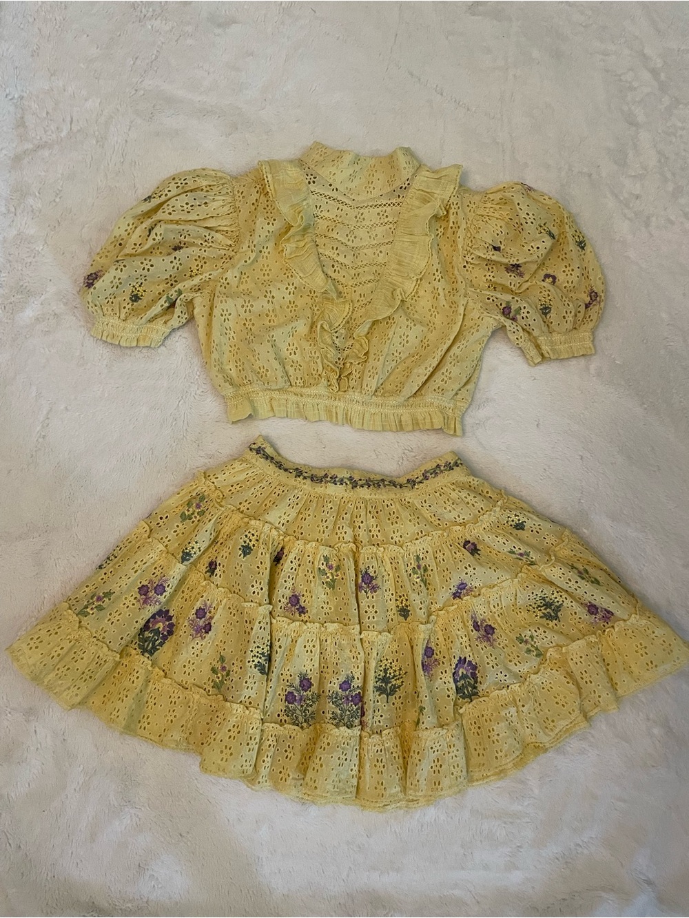 HEMANT & NANDITA Yellow Eyelet Floral Two-Piece Dress Set for Kids